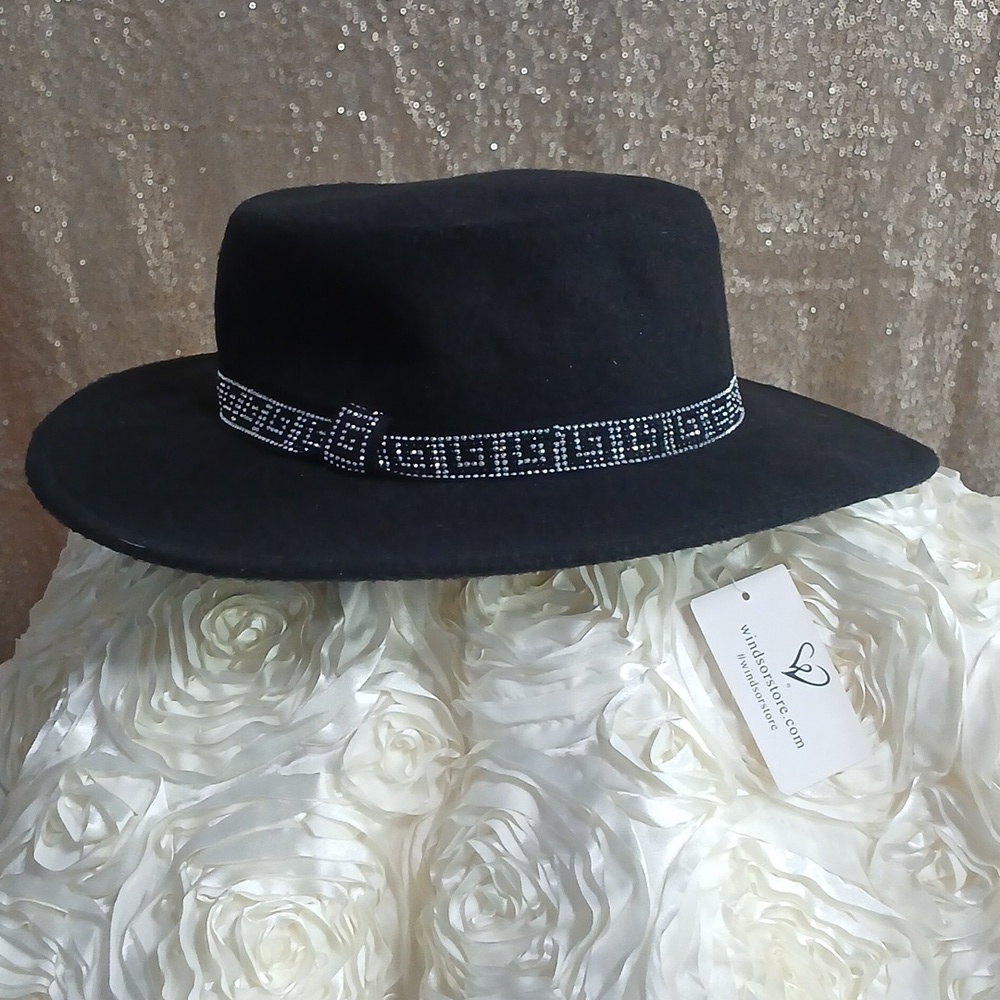 Bnwt Windsor Black Fedora with Crystal Beaded Band - 1 Sz Fits Most